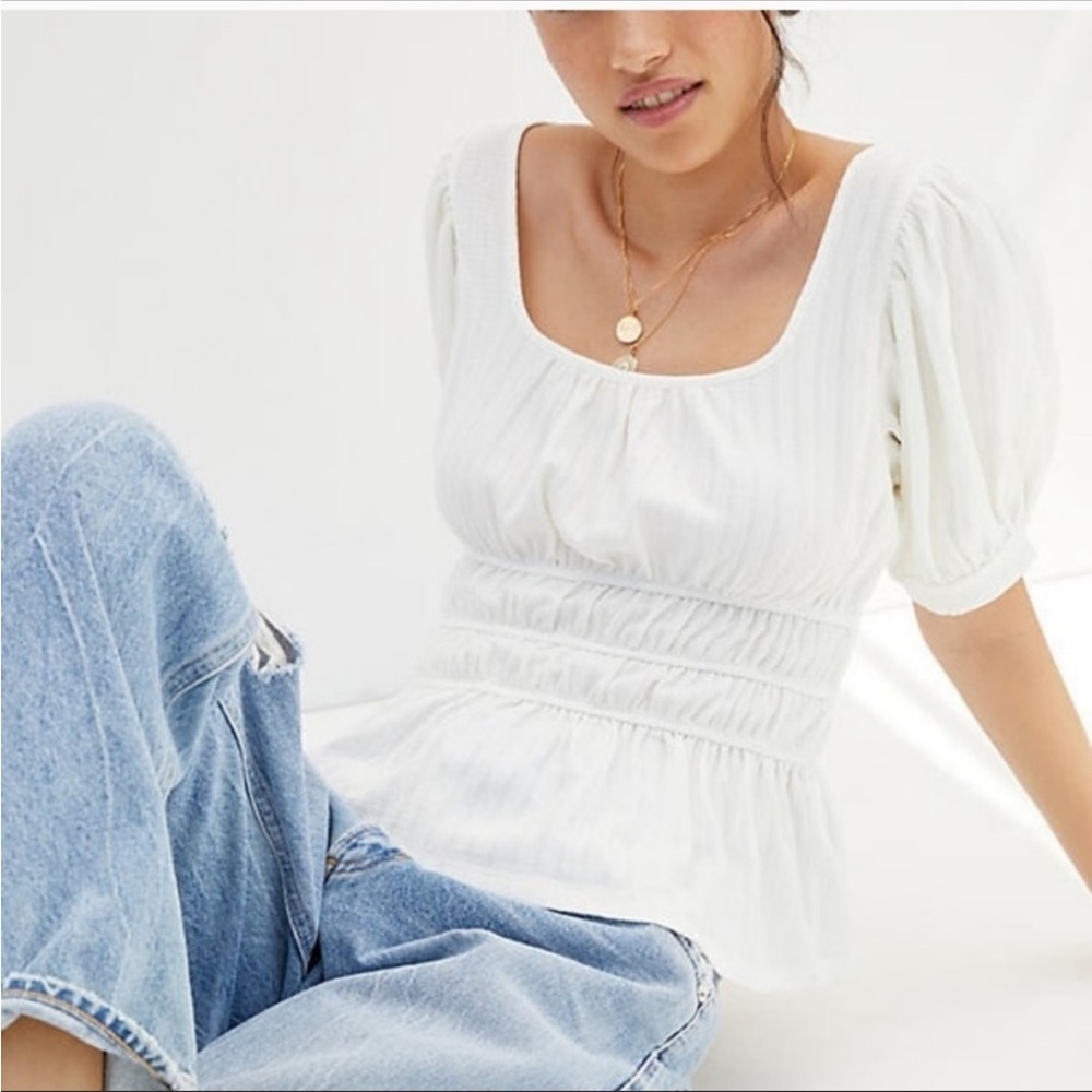Anthropologie Maeve Puff Sleeve White Milkmaid Blouse Size Medium